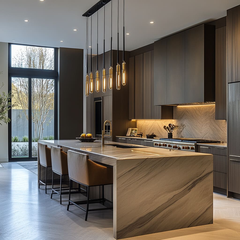 Luxury kitchen with pendant and under-cabinet lighting